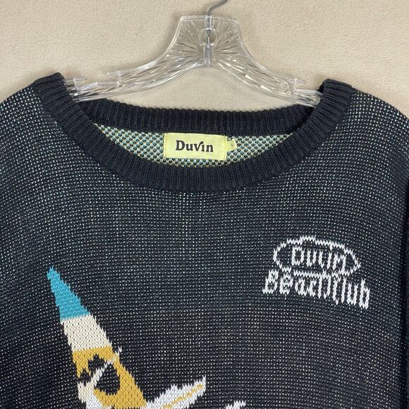 Duvin Sweater Mens L Black Beach Club Knit Pullover Two Sided‎ Graphic Design - Picture 2 of 14